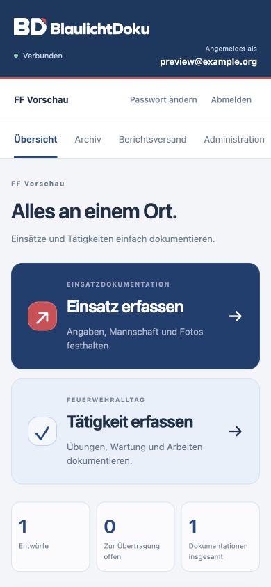 Die mobile BlaulichtDoku-Übersicht mit großen Schaltflächen für Einsätze und Tätigkeiten.